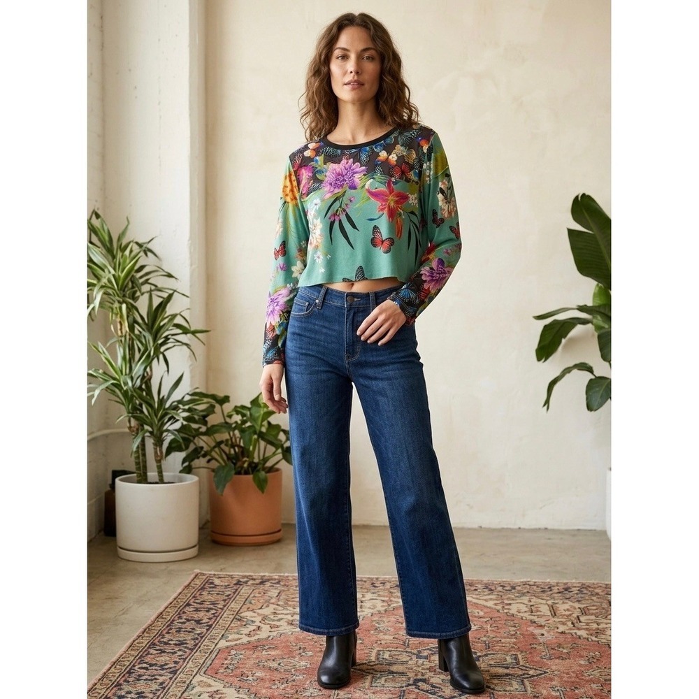 Johnny Was Panya Swing Tunic XL Teal Floral Butterfly Cropped Top R11822-4 NWT